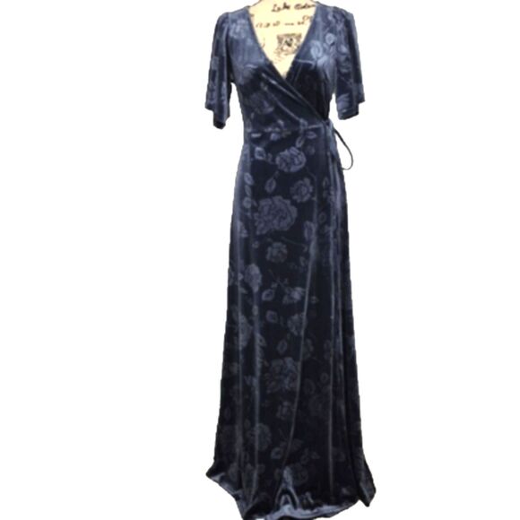 Baltic Born Velvet Wrap Maxi Dress M Navy Blue Floral Burnout Flutter Sleeve - Picture 1 of 10